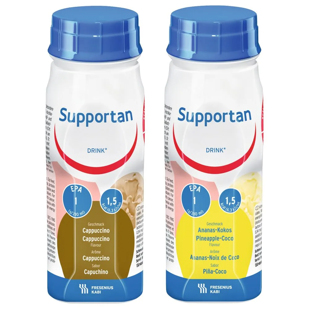 Supportan Drink 200ml EasyBottle oral nutritional supplement in Cappuccino and Pineapple-Coconut flavours