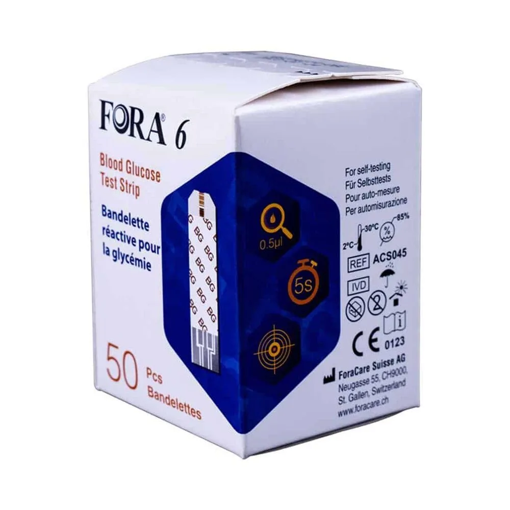 FORA 6 Blood Glucose Test Strips 50 pack for blood glucose monitoring