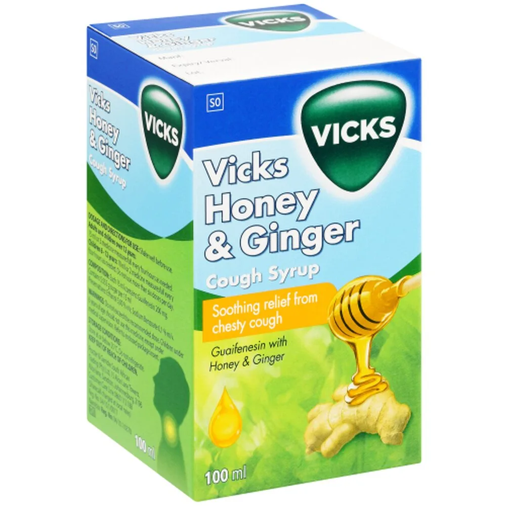 Vicks Honey & Ginger Cough Syrup 100ml box for wet cough