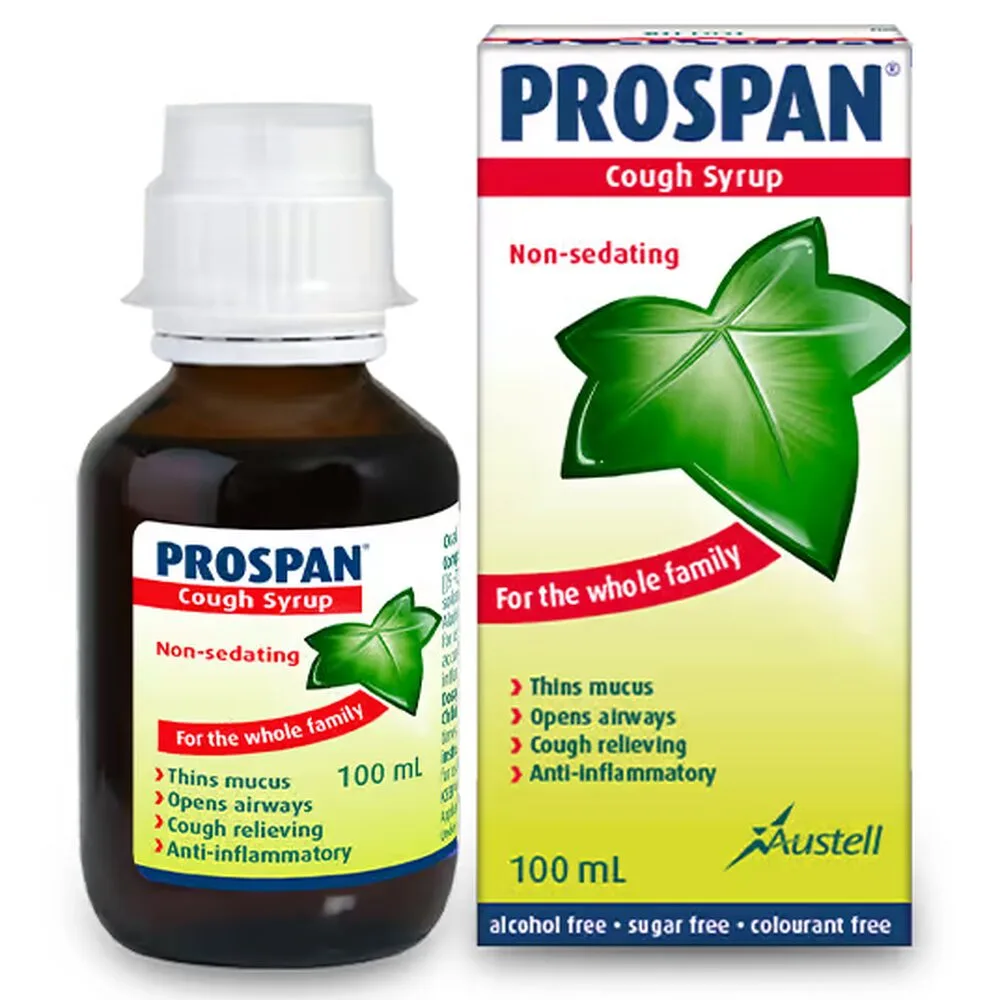 Prospan Cough Syrup 100ml bottle with ivy leaf extract for cough relief.