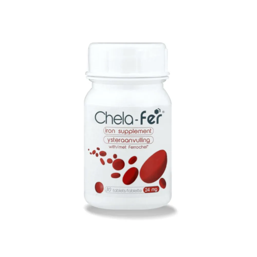Chela-Fer 24 mg iron supplement bottle containing 30 tablets