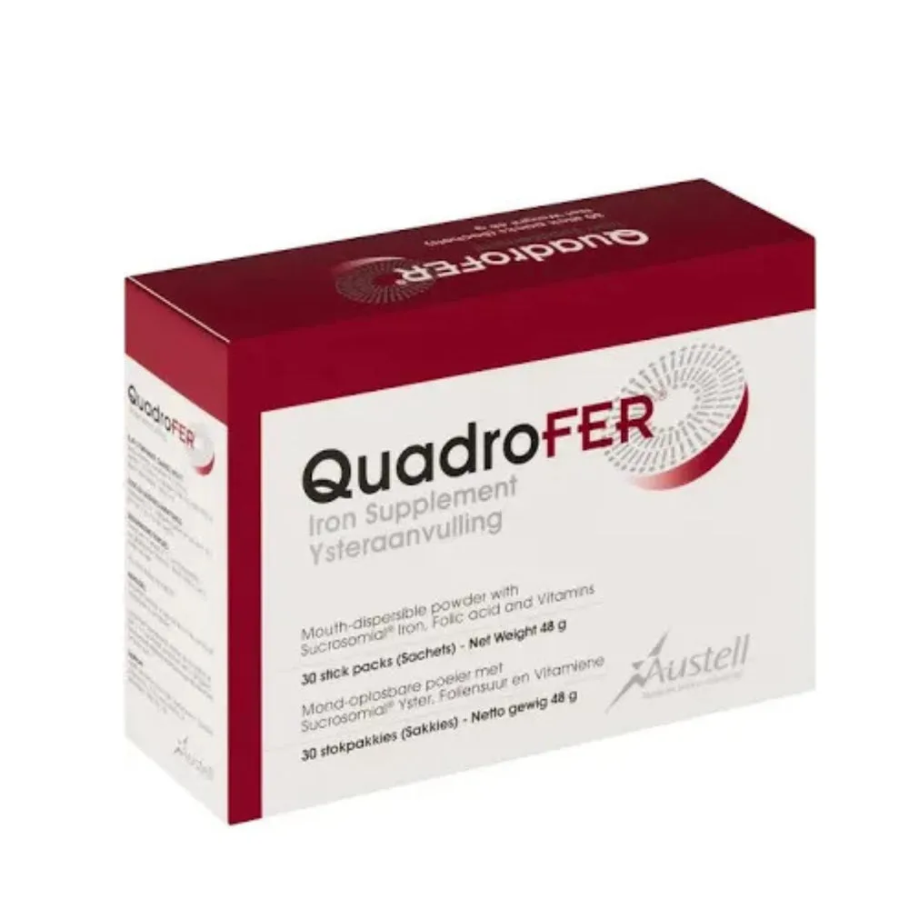 Quadrofer iron supplement box containing 30 mouth-dispersible sachets