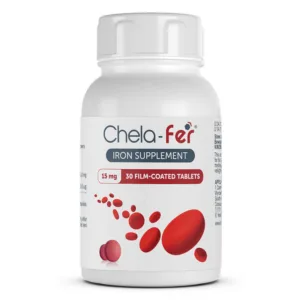 Chela-Fer 15 mg iron supplement bottle containing 30 tablets